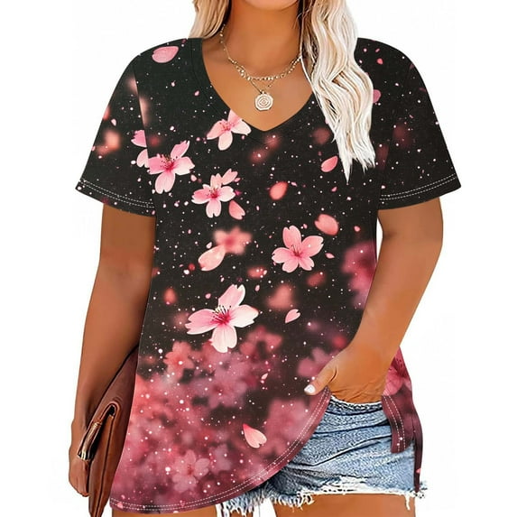 Yusom Summer Short Sleeve Blouses for Women Plus Size Floral Print Casual Tops V-Neck Loose T-Shirts Multicolor XXXL