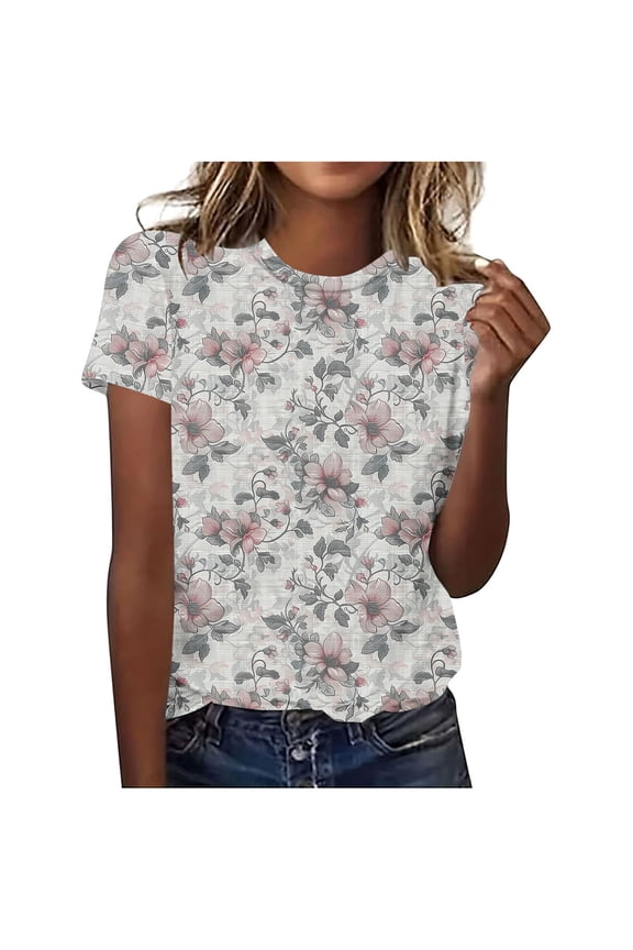 Summer Womens Plus Size T-Shirts Crewneck Embossed Graphic Blouse for Holiday Breathable Fashion Tees Multicolor M