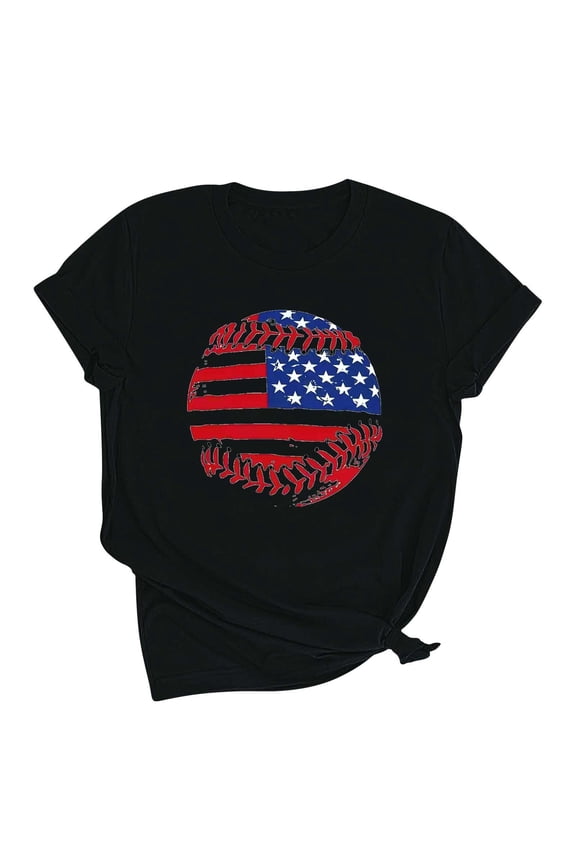 Summer Womens USA July 4th Topic Blouse Crewneck Plus Size Tops Flowy T-Shirts Black L