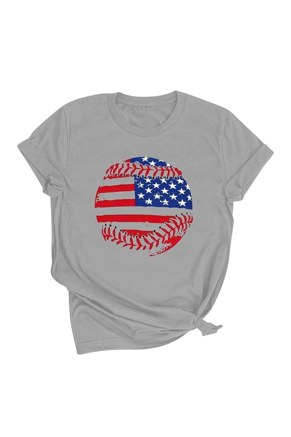 Summer Womens USA July 4th Topic Blouse Crewneck Plus Size Tops Flowy T-Shirts Gray XXL