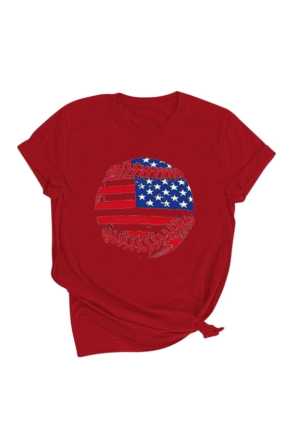 Summer Womens USA July 4th Topic Blouse Crewneck Plus Size Tops Flowy T-Shirts Red XXL