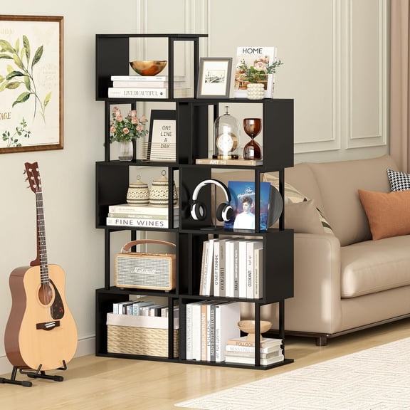 Yusong 5-Tier Geometric S-Shaped Bookshelf, Modern Wood Corner Display Shelf for Home Office Bedroom, Black