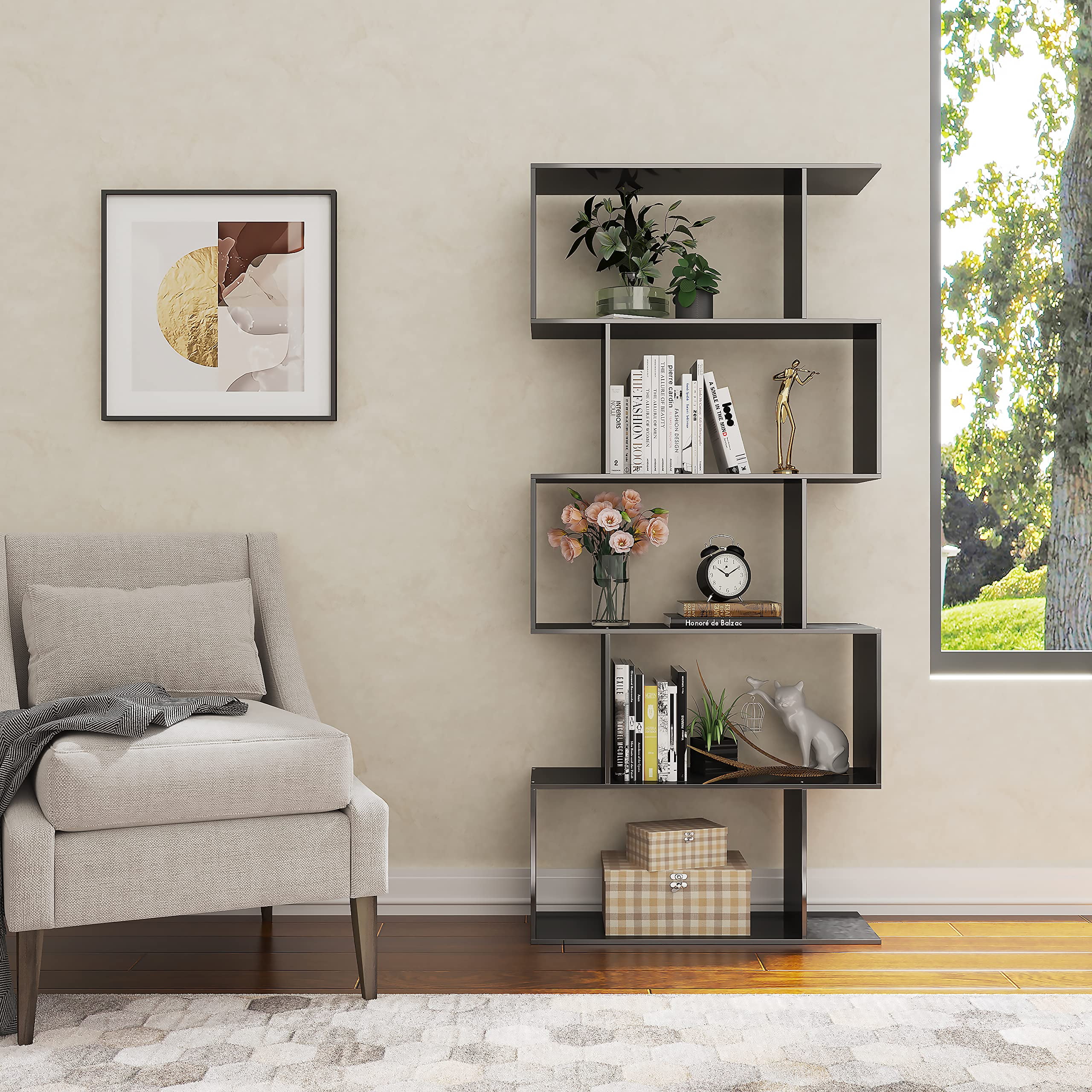 Yusong Bookshelf 5Tier, Geometric Bookcase S Shaped Book Shelves for