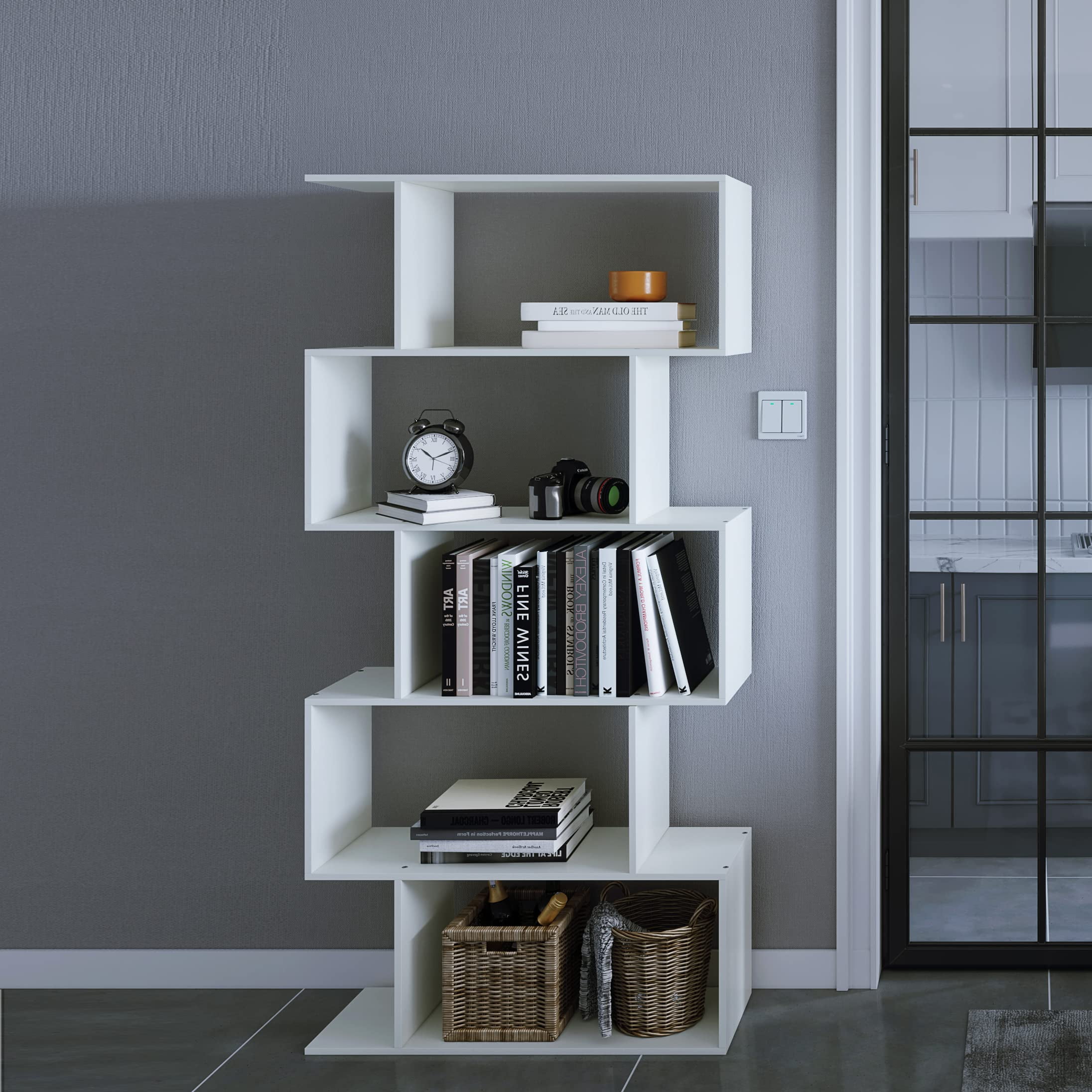 Yusong Bookshelf 5Tier, Geometric Bookcase S Shaped Book Shelves for
