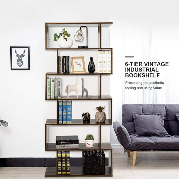 Yusong Bookshelf 6-Tier, Geometric Bookcase S Shaped Book Shelves for Bedroom, Modern Industrial Wood Decorative Display Shelf Book Case for Home Office, Black
