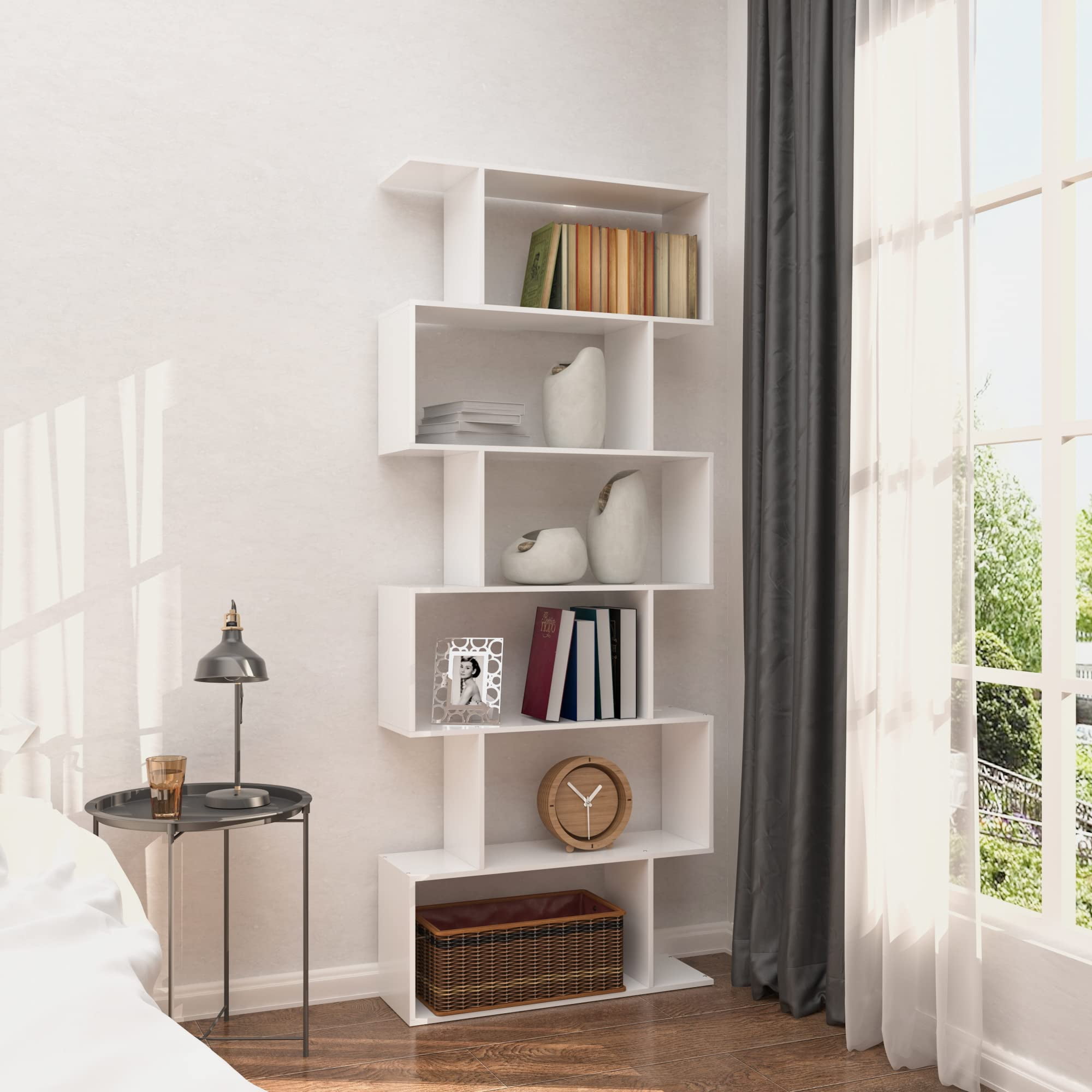 Yusong Bookshelf 6Tier, Geometric Bookcase S Shaped Book Shelves for