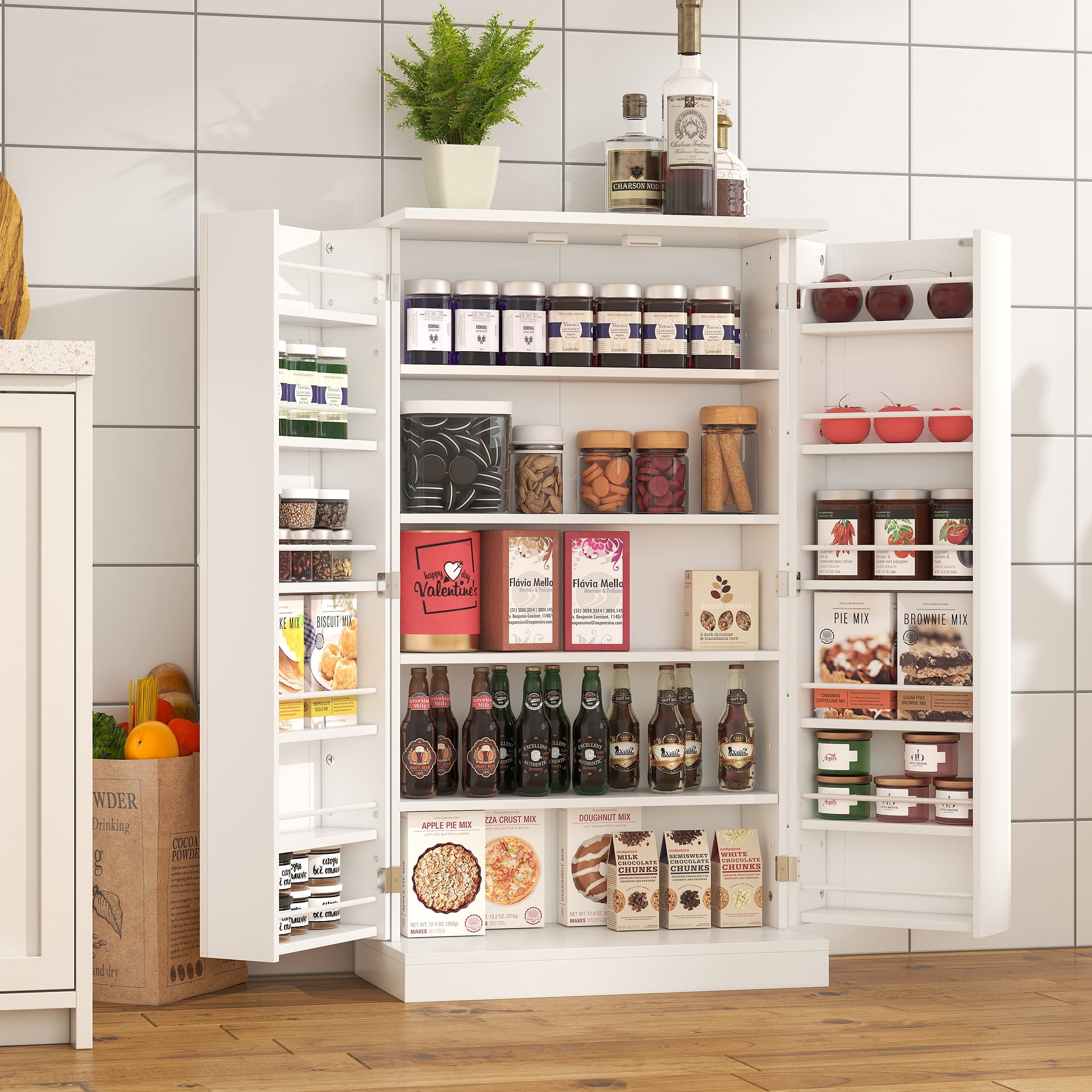 Yusong Kitchen Pantry Storage Cabinet Cupboard with Doors and 6 Adjustable Shelves for Small Space Farmhouse Pantries Organization Cabinets for