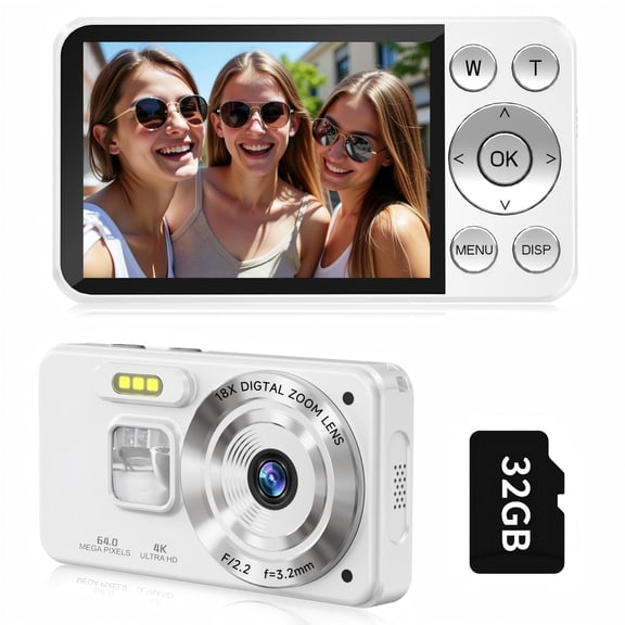 Yussbcu Point and Shoot Digital Camera, 4K 64MP Autofocus Camera, 18X Digital Zoom, Anti-Shake, 32GB Card, Portable Compact Camera for Teens & Beginners, White