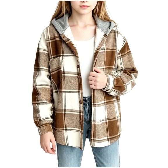 Yutgune Boys Plaid Flannel Hooded Shirt Jacket, Long Sleeve Button Front Warm Fall Winter Outerwear