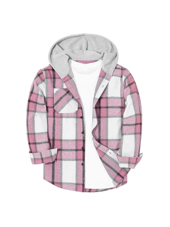 Boys Plaid Flannel Shirt, Long Sleeve Hooded Button Down Shirt Jacket with Pocket, Fall Winter Shacket, Sizes 3-12 Years