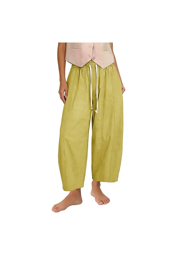Cotton Linen Barrel Pants Women Drawstring Elastic Waist Baggy Harem Pants Lightweight Travel Summer Pants
