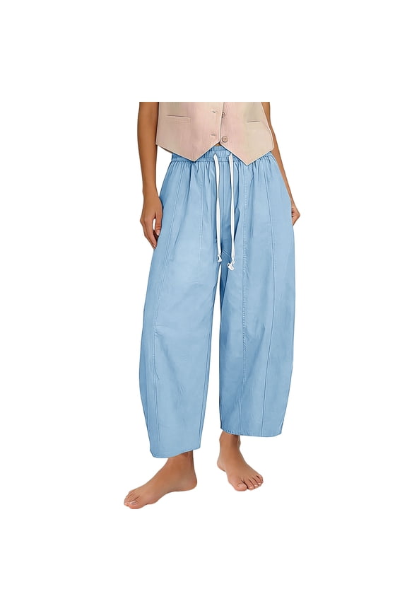 Cotton Linen Barrel Pants Women Drawstring Elastic Waist Baggy Harem Pants Lightweight Travel Summer Pants