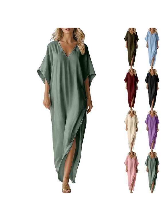 Cotton Linen Dresses for Women V Neck Short Sleeve Kaftan Maxi Beach Cover Up Vacation