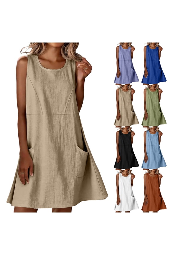 Cotton Linen Plus Size Dresses for Women Black Sleeveless Round Neck A Line Midi Dress with Pockets