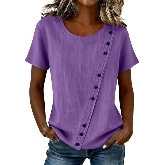Yutgune Cotton Linen Round Neck Short Sleeve Blouse for Women Casual Asymmetrical Button Front Loose Tops