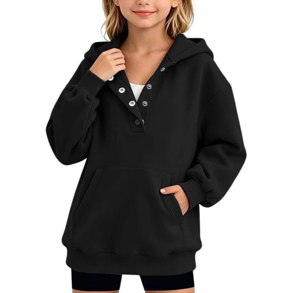 Yutgune Girls' Half Snap Hoodie, Solid Long Sleeve Casual Sweatshirt with Pocket, Sizes 10-12 Years