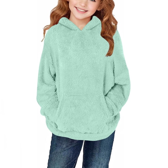 Yutgune Girls' Plush Fleece Hoodie, Solid Long Sleeve Warm Pullover Sweatshirt with Pocket, Sizes 4-13 Years