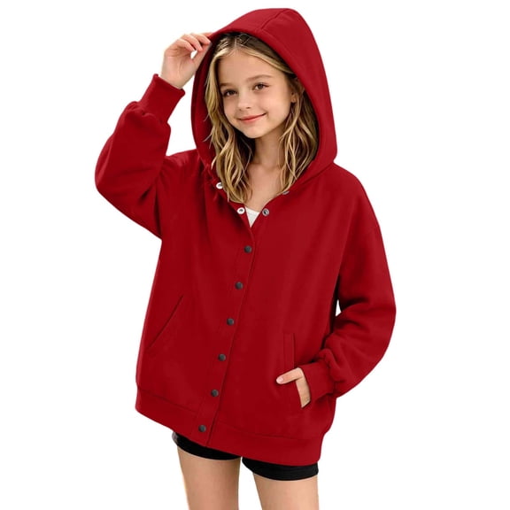 Yutgune Girls' Snap Hoodie, Solid Long Sleeve Warm Sweatshirt with Pockets