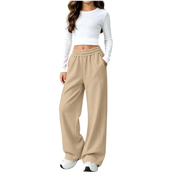Yutgune Girls Wide Leg Sweatpants Adjustable Drawstring Waist Open Hem Side Pockets Daily Loungewear For Kids Size 5-15 Years
