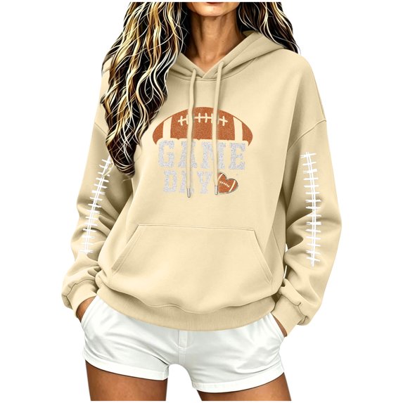 Yutgune Graphic Hoodies for Women Game Day Football Graphic Drawstring Pocket Pullover Hoodies Hooded Sweatshirt for Women