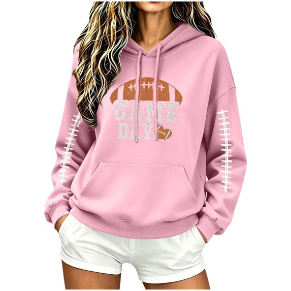 Yutgune Graphic Hoodies for Women Game Day Football Graphic Drawstring Pocket Pullover Hoodies Hooded Sweatshirt for Women
