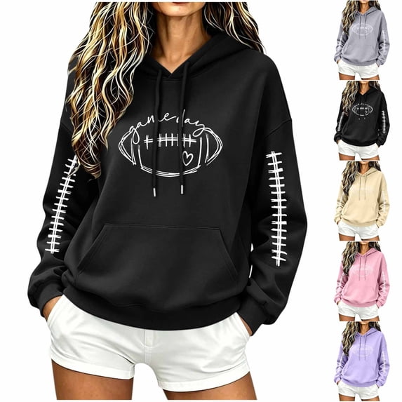 Yutgune Graphic Hoodies for Women Game Day Football Graphic Drawstring Pocket Pullover Hoodies Hooded Sweatshirt for Women