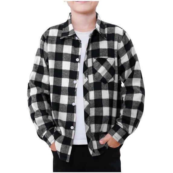 Yutgune Kids Brushed Plaid Button Down Shirt, Long Sleeve Collared Top with Pocket, Casual Fall Layer