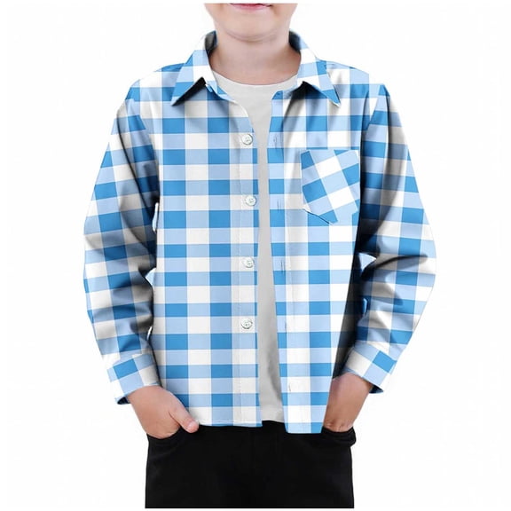 Yutgune Kids Checkered Button Down Shirt, Printed Long Sleeve Collared Top with Pocket, Casual Everyday Wear