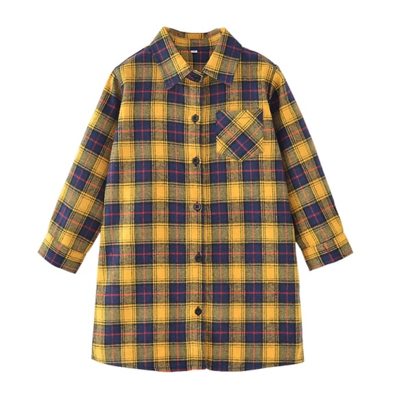 Yutgune Kids Cotton Longline Plaid Button Down Shirt, Loose Long Sleeve Collared Top for Girls Boys, Ages 2-13