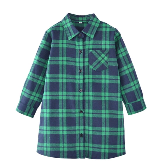 Yutgune Kids Cotton Longline Plaid Button Down Shirt, Loose Long Sleeve Collared Top for Girls Boys, Ages 2-13