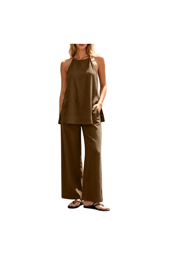 Linen Two Piece Sets for Women Summer Sleeveless Side Split Top Wide Leg Pants Lounge Outfits