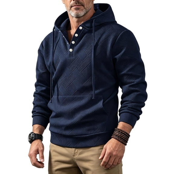 Yutgune Men's Button Placket Pullover Hoodie, Textured Knit Long Sleeve Hooded Sweatshirt with Drawstring
