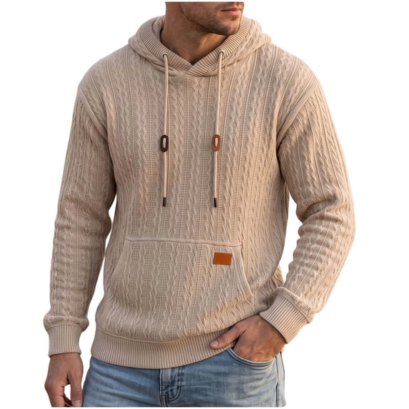 Yutgune Men's Cable Knit Pullover Hoodie, Textured Long Sleeve Hooded Sweater with Drawstring and Kangaroo Pocket