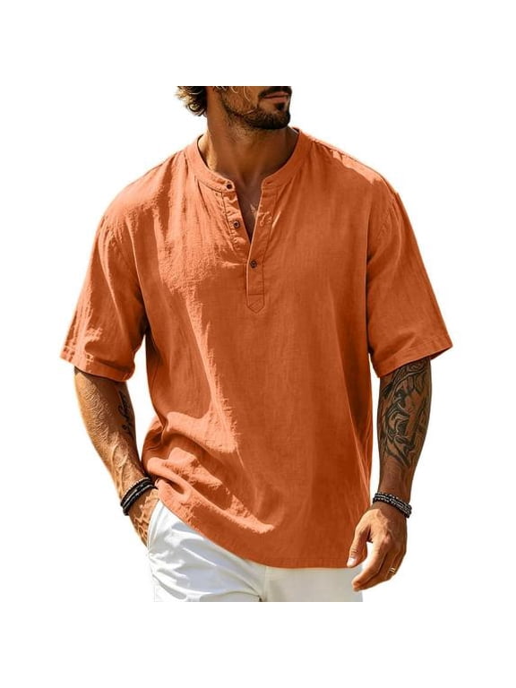 Men's Cotton Henley Shirt Short Sleeve 3 Button Casual Summer T-Shirt