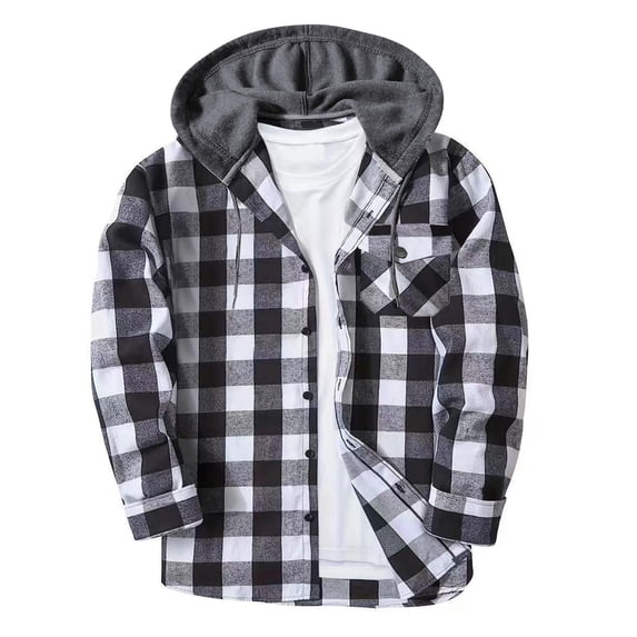 Yutgune Mens Flannel Shirt Hooded Relaxed Fit Plaid Long Sleeve Shirt With Flap Chest Pocket
