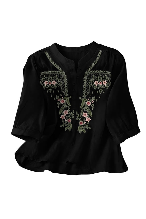 Mexican Embroidered Shirts for Women Cotton Linen 3/4 Sleeve V Neck Boho Peasant Blouse Summer Tops