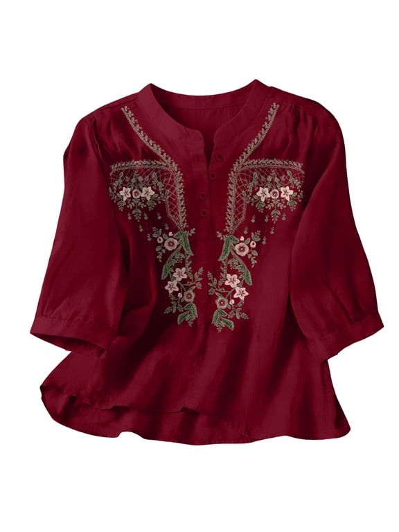Mexican Embroidered Shirts for Women Cotton Linen 3/4 Sleeve V Neck Boho Peasant Blouse Summer Tops