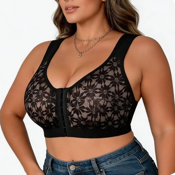 Yutgune Plus Size Bras For Women Lace Wireless Bralette Front Closure Full Coverage Support For Older Women