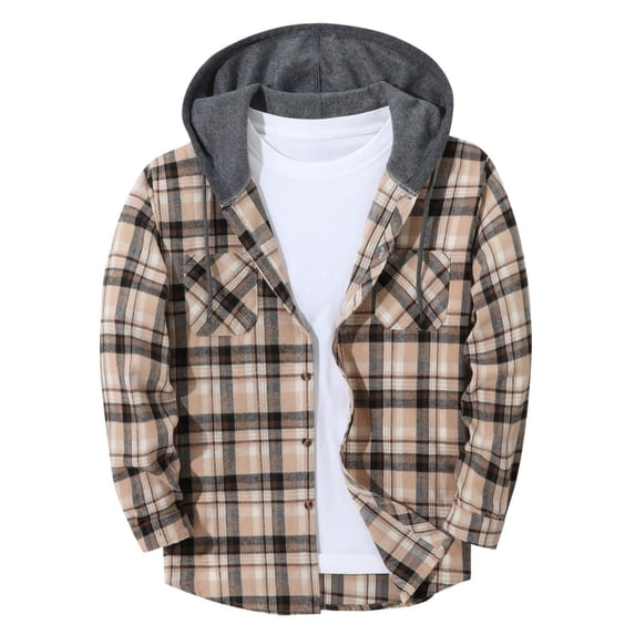 Yutgune Plus Size Flannel Shirt For Men Hooded Plaid Shacket Dual Chest Pockets Long Sleeve Shirts For Men