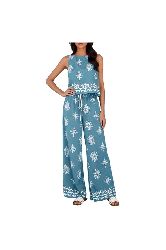 Two Piece Sets for Women Boho Floral Tank Top Wide Leg Pants Casual Travel Beach Vacation Outfits