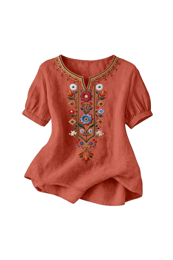 Vintage Embroidered Tops for Women Cotton Linen Short Sleeve Floral Boho Peasant Blouse Summer Tunic Tops