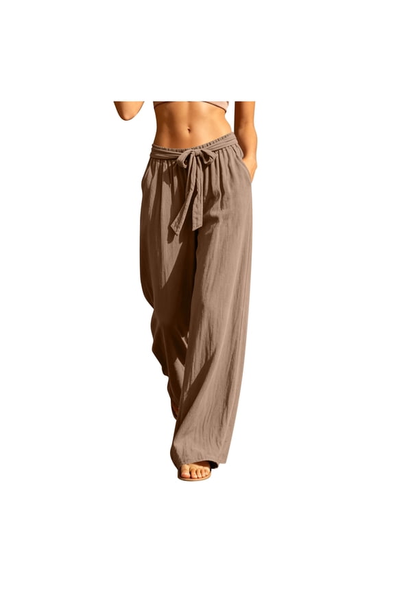 Women Linen Palazzo Pants Drawstring High Waist Wide Leg Flowy Trousers With Pockets Summer Beach Pants