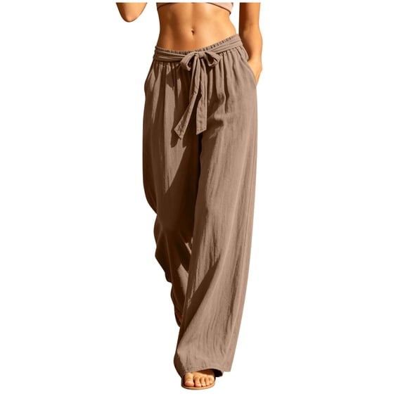 Yutgune Women Linen Palazzo Pants Drawstring High Waist Wide Leg Flowy Trousers With Pockets Summer Beach Pants