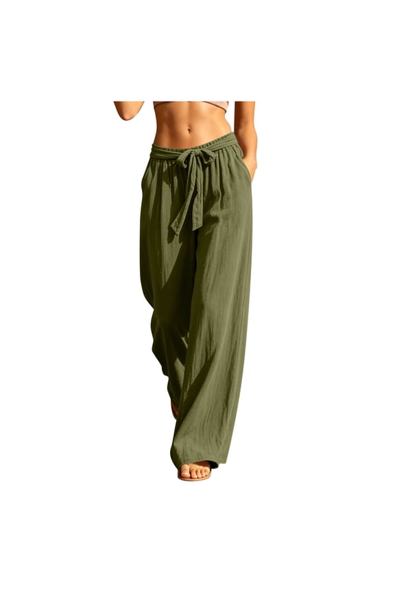 Women Linen Palazzo Pants Drawstring High Waist Wide Leg Flowy Trousers With Pockets Summer Beach Pants