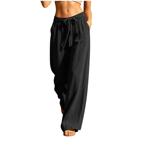 Yutgune Women Linen Palazzo Pants Drawstring High Waist Wide Leg Flowy Trousers With Pockets Summer Beach Pants