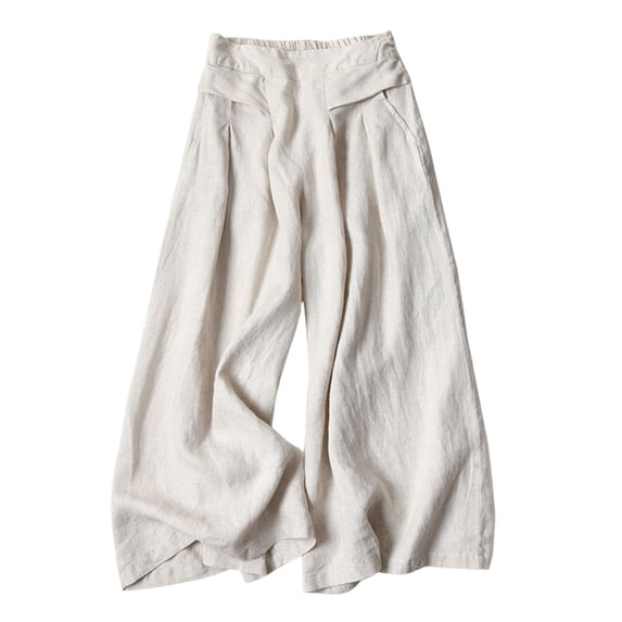 Yutgune Women Linen Wide Leg Pants Drawstring Elastic High Waist With Pockets Casual Beach Summer Pants