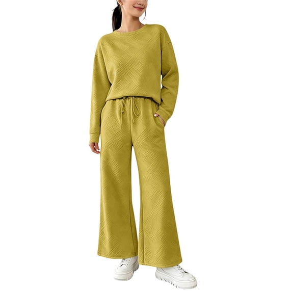 Yutgune Women's 2 Piece Sweatsuit Crew Neck Long Sleeve Sweatshirt Drawstring Wide Leg Pants Loungewear Set