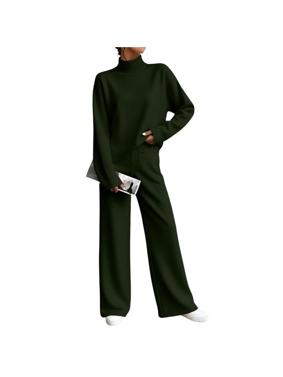 Women's 2 Piece Sweatsuit Mock Neck Long Sleeve Sweatshirt Drawstring Wide Leg Pants Casual Lounge Set