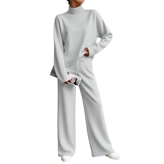 Yutgune Women's 2 Piece Sweatsuit Mock Neck Long Sleeve Sweatshirt Drawstring Wide Leg Pants Casual Lounge Set
