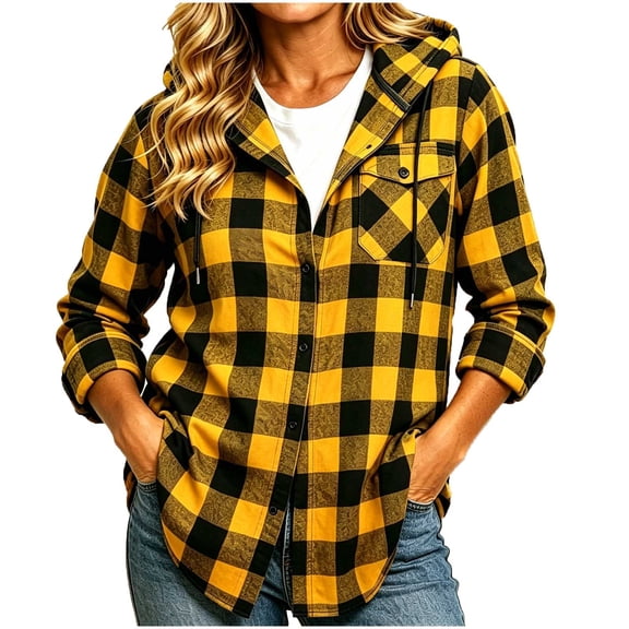 Yutgune Women's Buffalo Plaid Hooded Shacket Long Sleeve Button Up Chest Pocket Shirt Jacket Coat